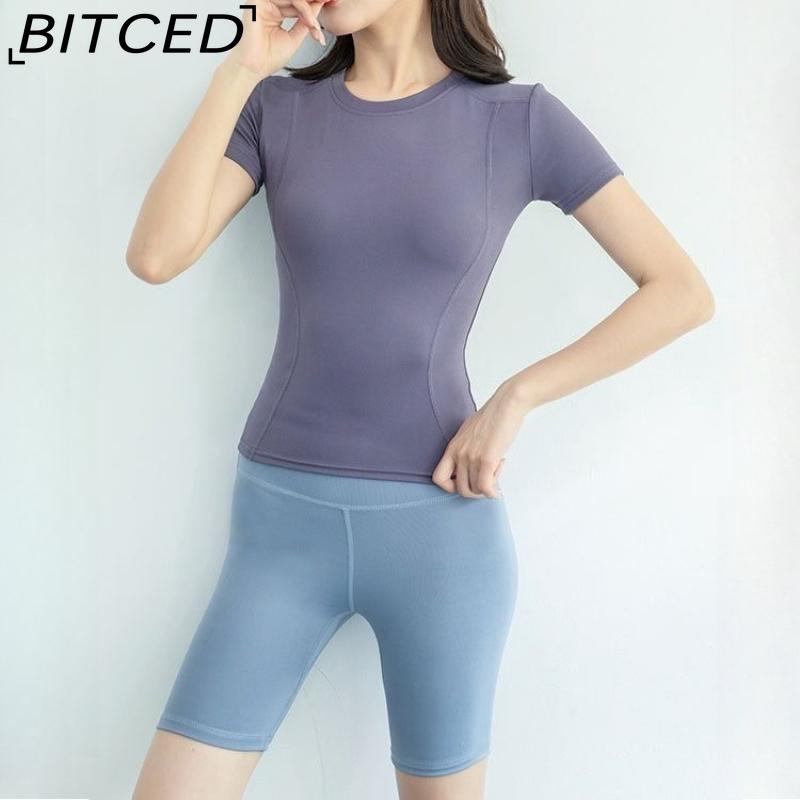 BITCED Damska odzież sportowa Top do jogi - Dopasowana kurtka z krótkim rękawem Zestaw do siłowni, biegania - Szybkoschnąca odzież treningowa na wiosnę, jesień, lato