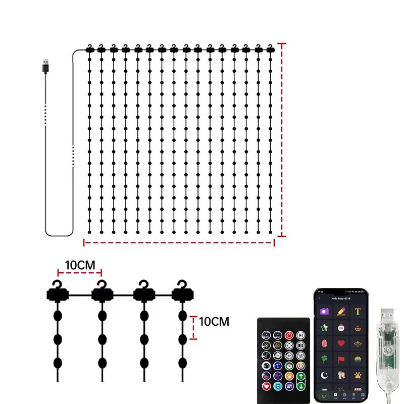Smart RGB Curtain Lights Bluetooth App DIY Control LED String Waterproof Fairy Light USB Plug Text Pattern Party Room Decor