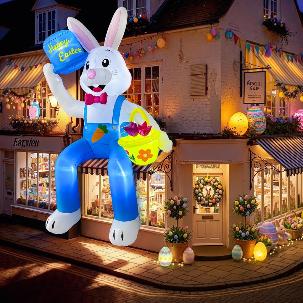 8ft Giant Inflatable Easter Bunny with LED Lights Outdoor Yard Decoration Blow up White Rabbit with Top Hat and Basket