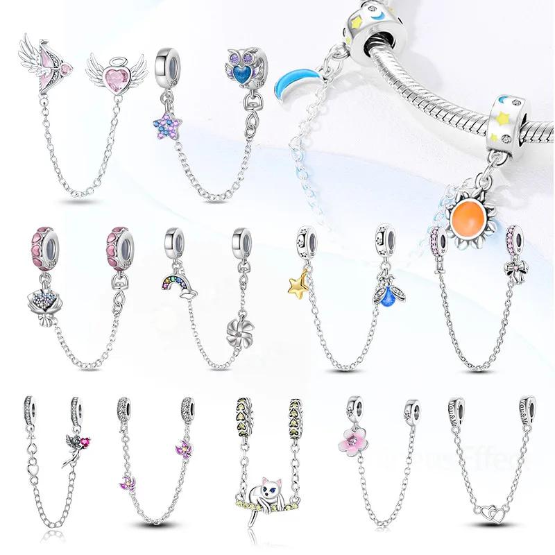 Real Silver 925 Star and Moon Flower Heart Safety Chain Wearable Jewelry Gift Bracelet DIY Beads for Women