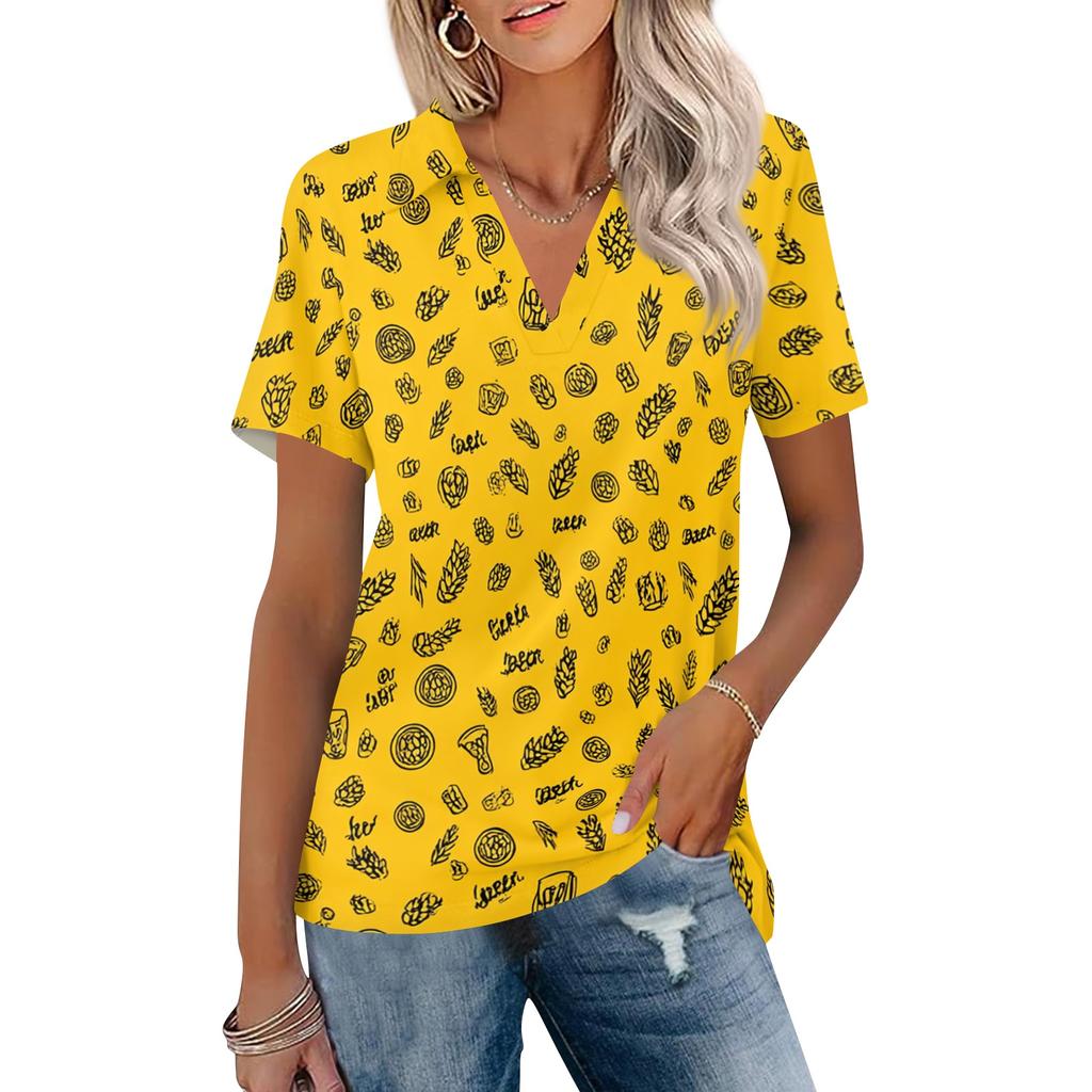 Women Casual V Neck Short Sleeve Oktoberfest Print Polo Shirt Lightweight Summer Top Relaxed Fit Blouse for Everyday Wear