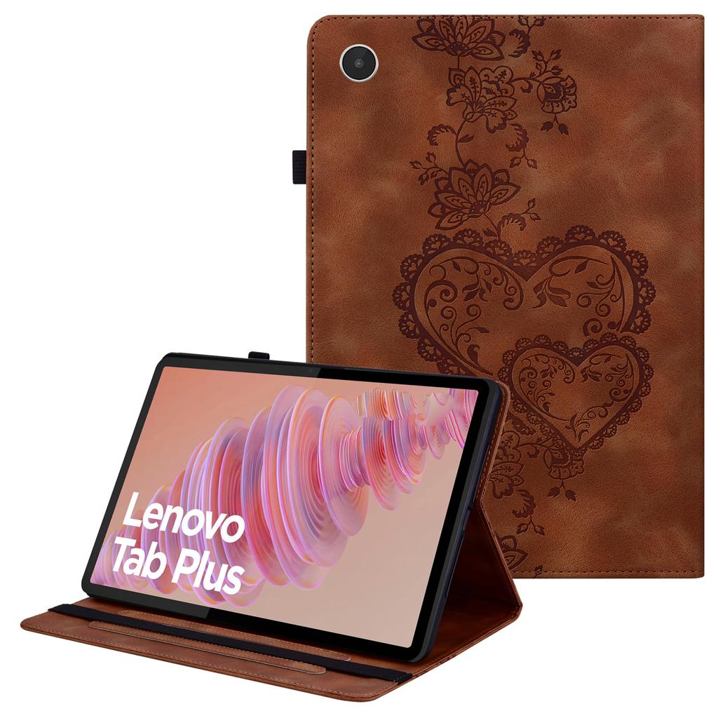 For Lenovo Tab Plus Leather Case Heart Imprint Foldable Stand Card Slot Stylus Holder Tablet Cover