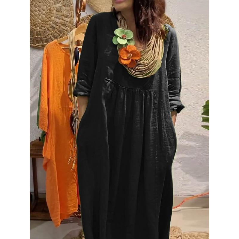 New Women'S V-Neck Casual Solid Color Cotton And Linen Dress
