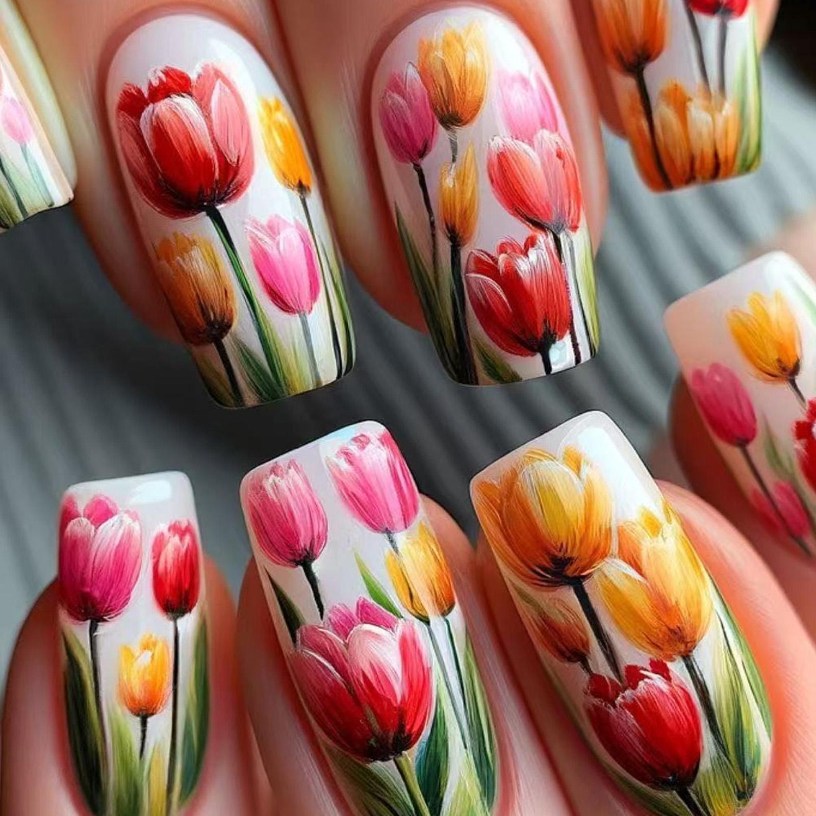 Glossy False Nail Square Stick on Nail with Floral Full Cover Artificial Nail Press on Nail For Various Occasion 1