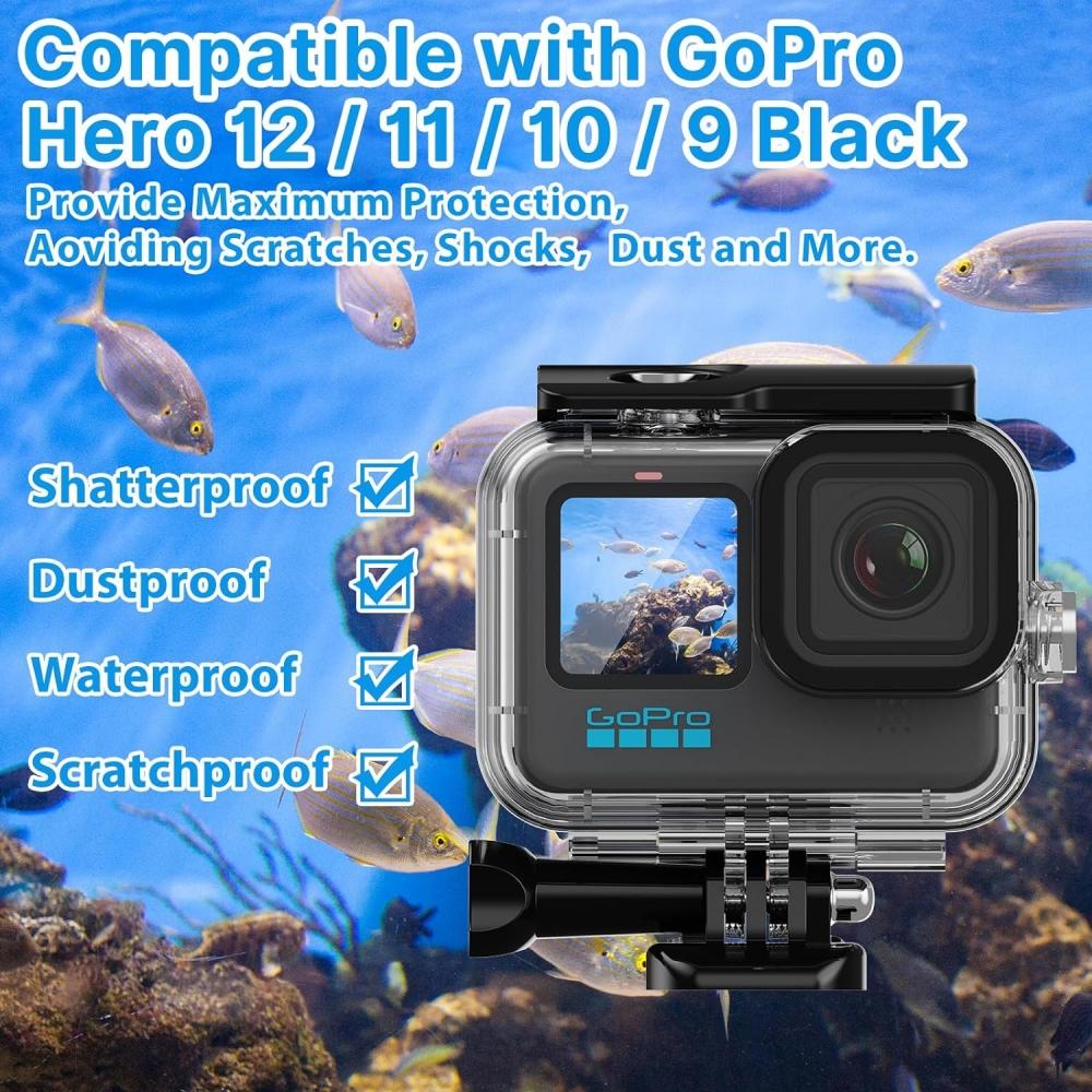 60M Waterproof Housing Case for GoPro Hero 12/11/10/9 Black Protective Underwater Dive Housing Shell with Bracket Accessories
