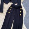Autumn Elegant Slim Two Pieces Sets Women Metal Buckle O-Neck Sweater High Waist Wide Leg Pants Knitted Sets