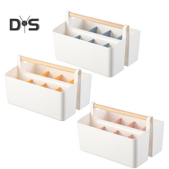 Desktop Plastic Caddy with Wooden Handle Art Supply Organizer Bin with Adjustable Dividers Makeup Basket Storage Tote for Colored Pencils Brushes