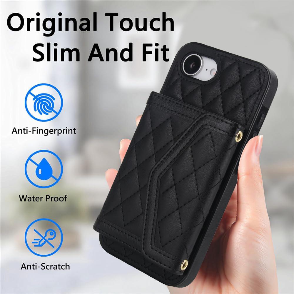 For iPhone 16e Case Card Holders RFID Blocking PU Leather+TPU Phone Cover with Shoulder Strap