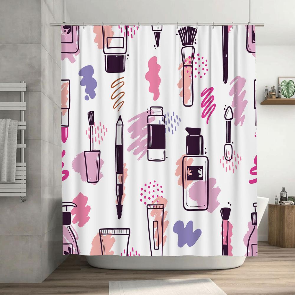 Vintage Style Decor Shower Curtain with Makeup Brush Design Waterproof Bath Room Decoration Home Accessories Pink Purple White C