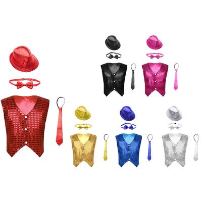 Boys Glittery Sequin Vest Waistcoat Hat Bowtie Necktie Set Jazz Dance Stage Performance Suit