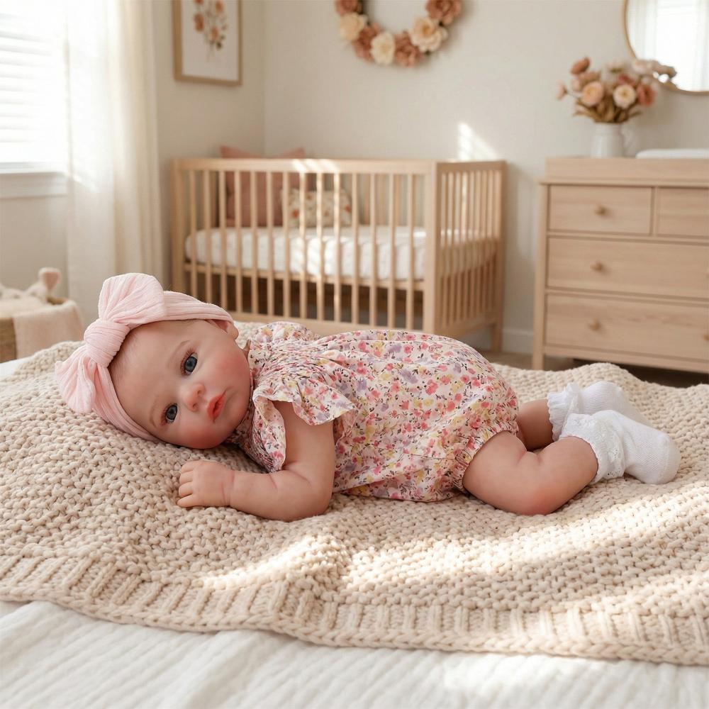 18 Inch Adorable Open Eyes Simulation Doll Meadow Wear Floral Romper Cloth Body Silicone Full Body Optional Reborn Dolls for Child Birthday Xmas Gifts