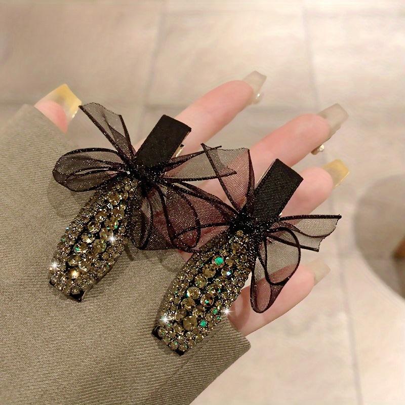 

2Pcs Temperament Black Duckbill Clip, Retro Black Lace Bow and Diamond Inlaid Hairpin, Lace Bow Headgear.