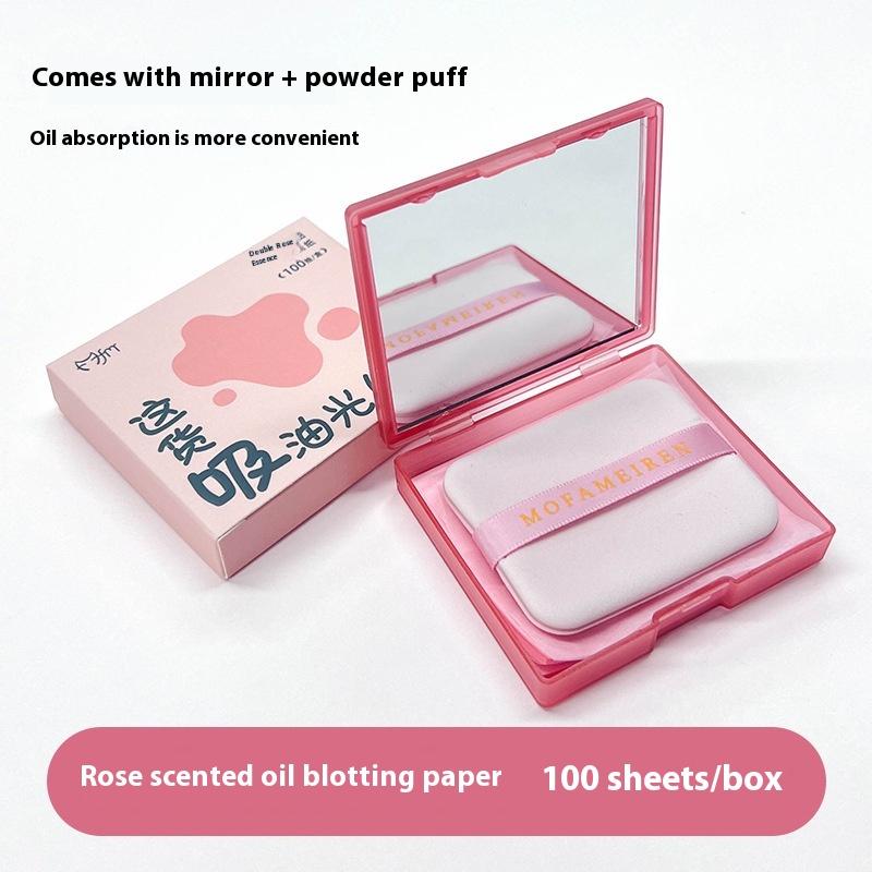100Sheets Oil-absorbing Paper With Mirror Case &Puff Portable Oil-holding Bamboo Charcoal Tea Paper For Oily Skin Makeup