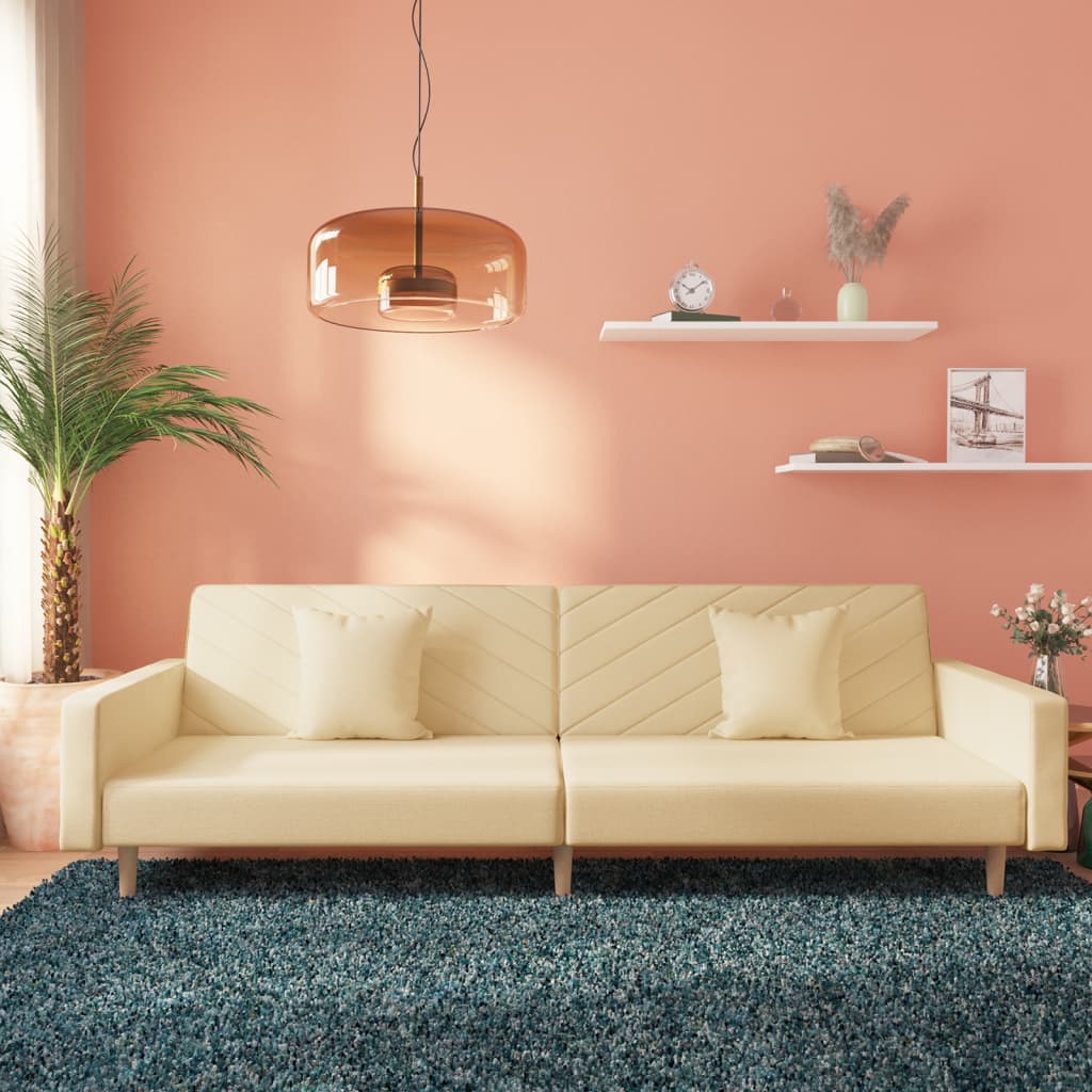 2 Seater Sleeper Sofa with 2 Cushions Cream Fabric