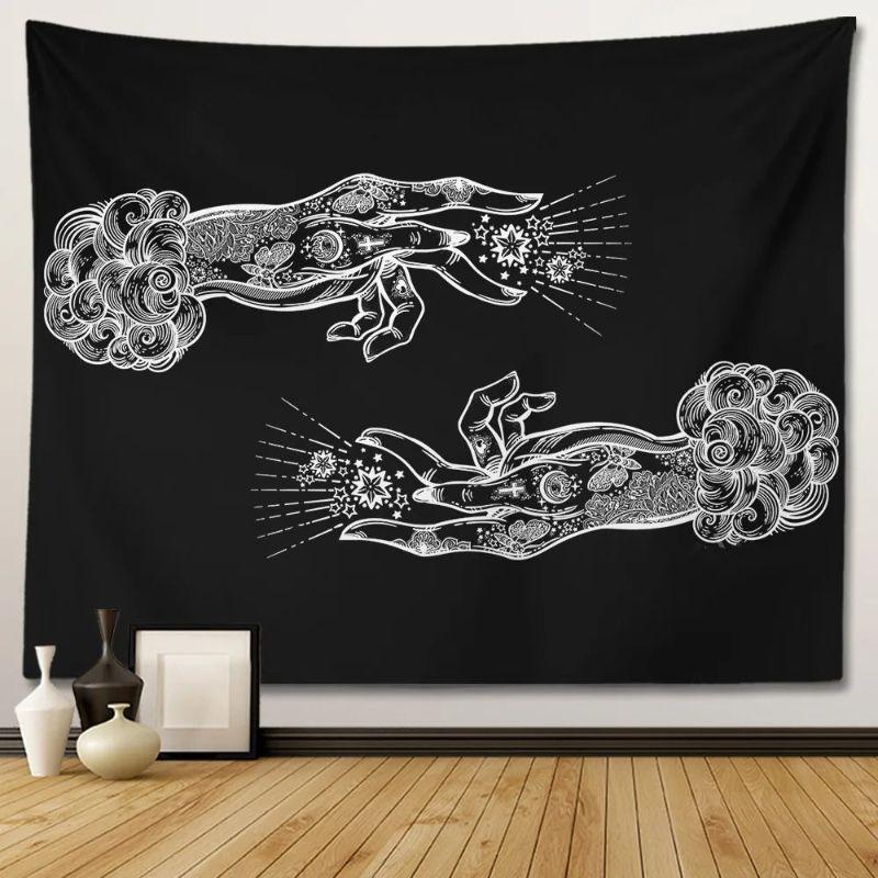 Witchcraft Palm Moon Flower Star Tapestry Black and White Retro Wall Hanging Bedroom Dormitory Home Decoration