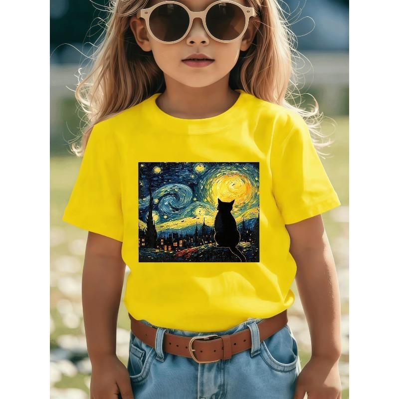 European Sizes Black Cat and Starlit Sky T-Shirt for Boys and Girls - Impressionist-style Charming Design, Short-sleeved Summer Casual Wear