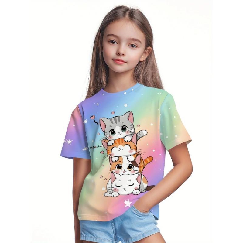 New Summer Girls Clothes Cute Cat Graphic T Shirt Short Sleeve Tops for Girls Casual Children's Clothing