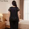 Plus Size Women Pajama Set Lace Ice Silk Short Sleeve Long Pants Milk Silk Loungewear Home Clothes