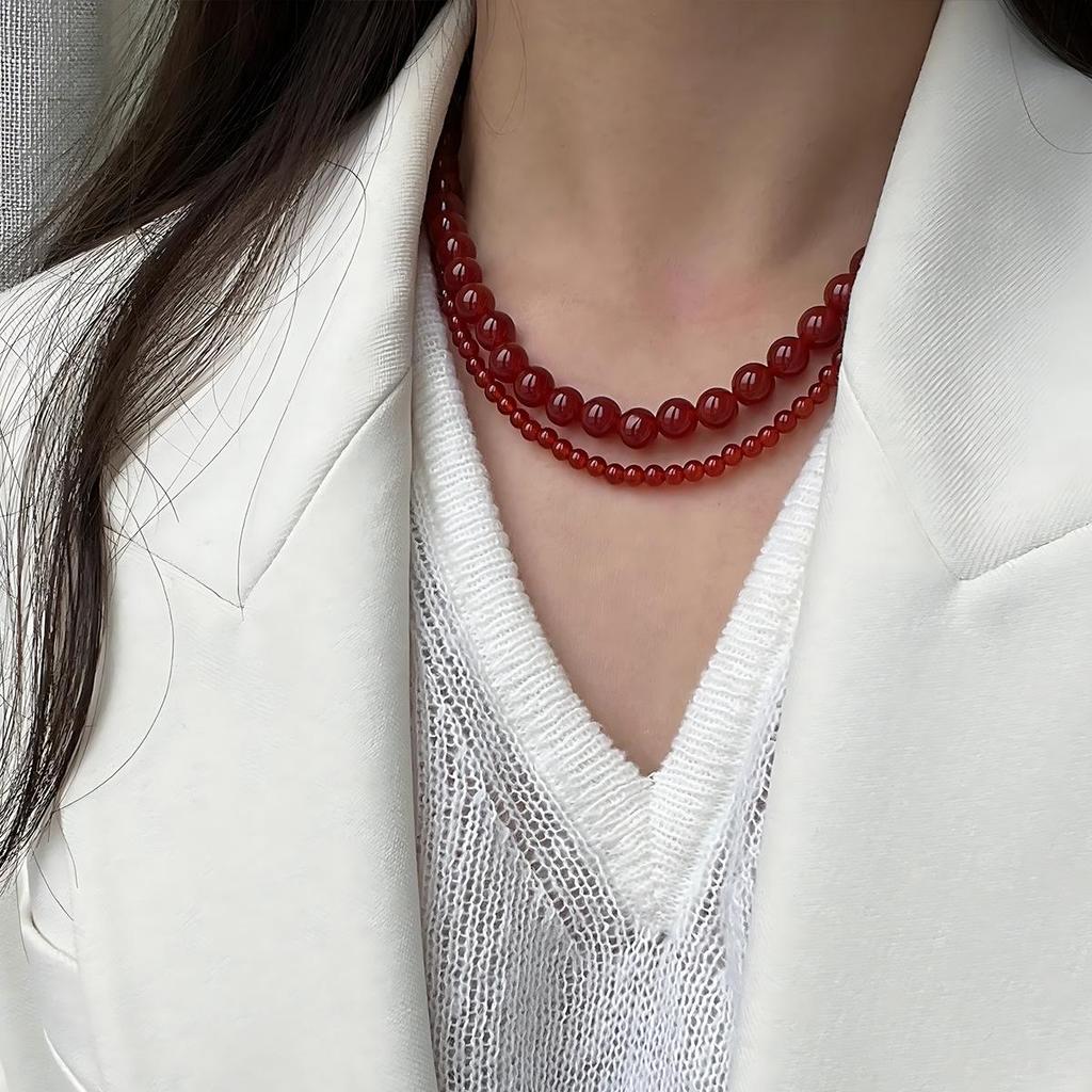 Handmade Red Agate Beaded Necklace: Women's High-End Chinese Style Clavicle Choker