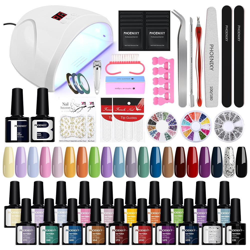 PHOENIXY Gel Nail Kit Gel Varnish with 36W Nail Lamp 20Colors White Black Gel Nail Polish Kit Glossy & Matte Gel Top Base Coat Manicure Tools Nail Art