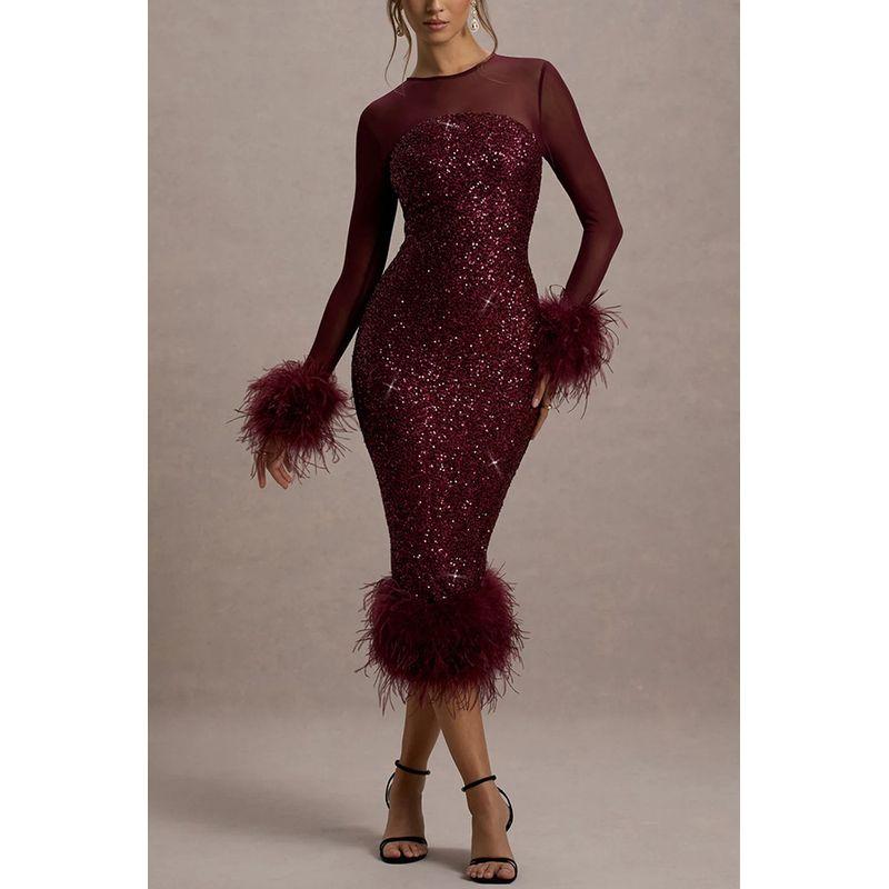 

European and American Party Women clothes Long sleeve Sequined Fur Sleeve Dress Formal Dress Female Sequined Dress Women Red S