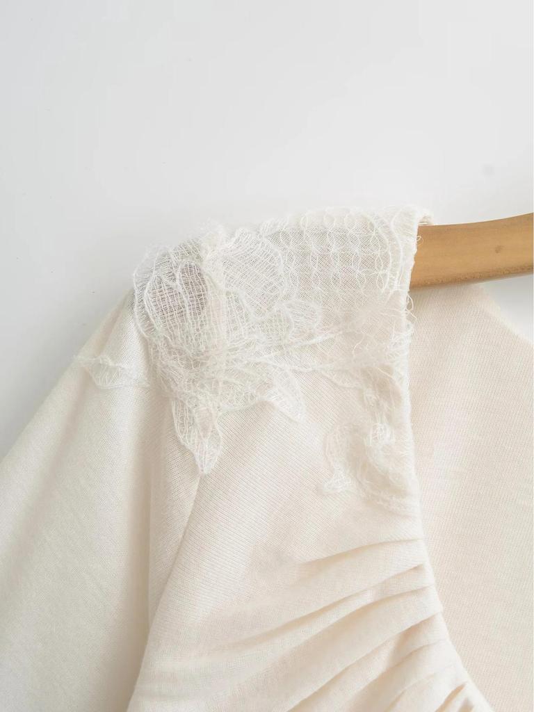 Double-Layer Lace Applique Comfortable Pleated U-Neck Long-Sleeve Feminine Waist-Slimming T-shirt