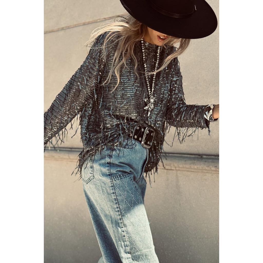 Women's Sequin Fringe Long Sleeve Crew Neck Top, Vintage Loose Fashion Blouse for European & American,  New Arrival