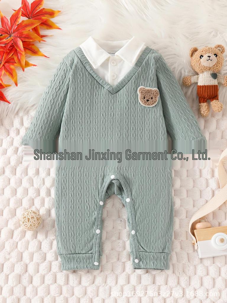 Adorable Baby Boys' V-Neck Bear Onesie - Korean Style Cable Knit for Autumn/Winter