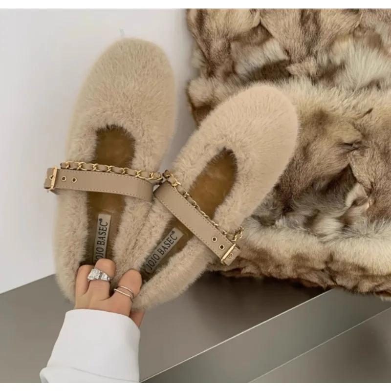 Fashion Designer Spring Autumn Women Warm Fur Shoes Fashion Shallow Slip On Ladies Flats Shoes Round Toe Women's Mary Jane Shoes