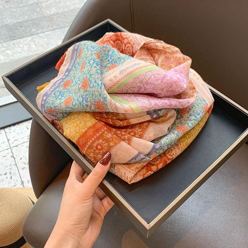 Rainbow Ethnic Style Cotton Linen Scarf For Women Elegant Office Air Condition Shawl
