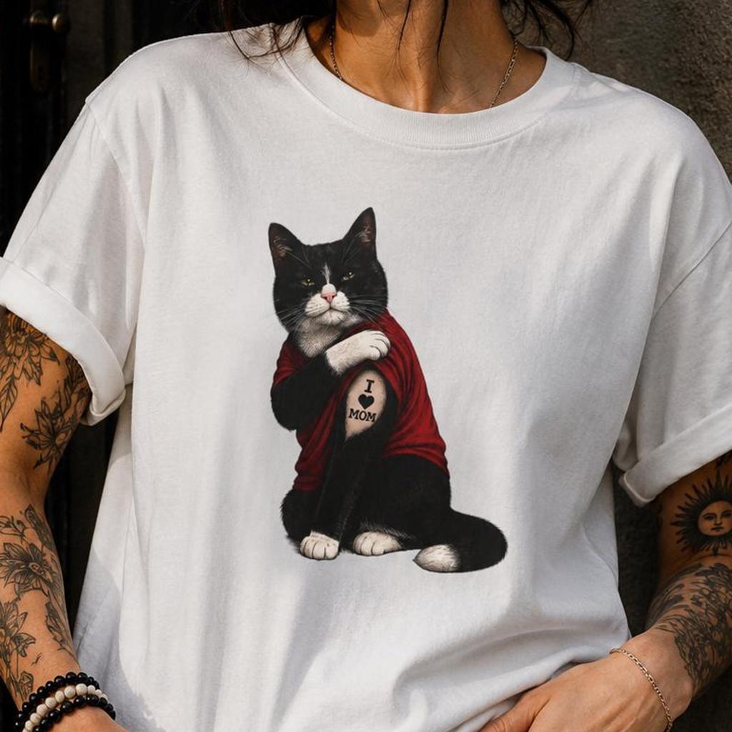 Tuxedo Cat I Love Mom Tattoo Shirt | Funny Black Cat Graphic Tee