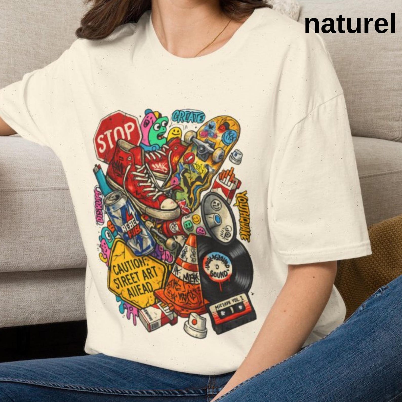 Retro Skate Collage T-Shirt | Skateboard Sneakers Stickers Pop Art youth t-shirt summer vacation t-shirt XL