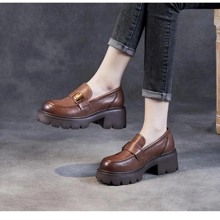 Women's Spring and Autumn Thick-heeled Thick-soled Loafers British Style Retro Soft Leather Shoes