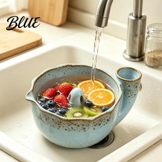 Fruit Serving Plate Vortex Design Bowl Strainer with Ceramic Berry Holes Self-Spinning Food Grade Rinse for Kitchen Berries Vegetables