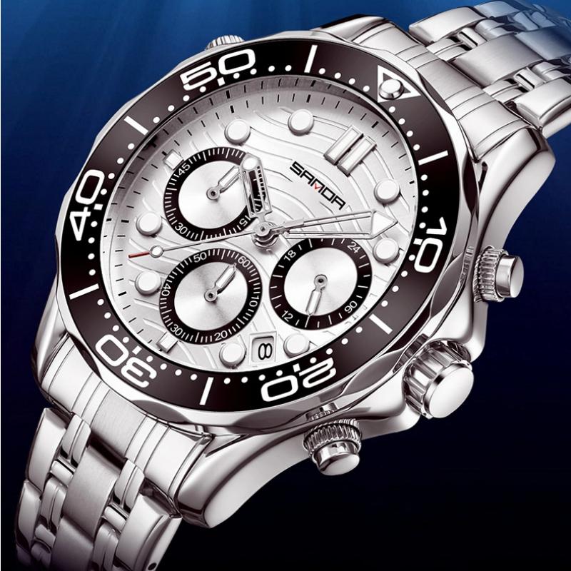 SANDA Brand Men's Quartz Watch Multi Functional Timing Waterproof Calendar Night Light Men's Stainless Steel Watch