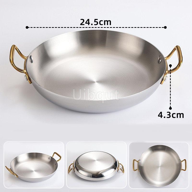 Stainless Steel Spanish Paella Pan Big Double Handle Round Flat Bottom Pan Western Restaurant Fried Chicken Pasta Plate Cookware