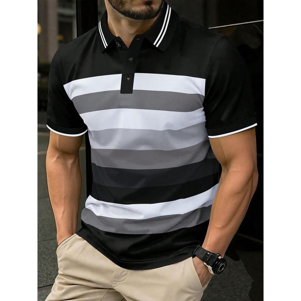 Trendy Striped Short-sleeve Polo Shirt, Perfect for Casual Daily Wear.