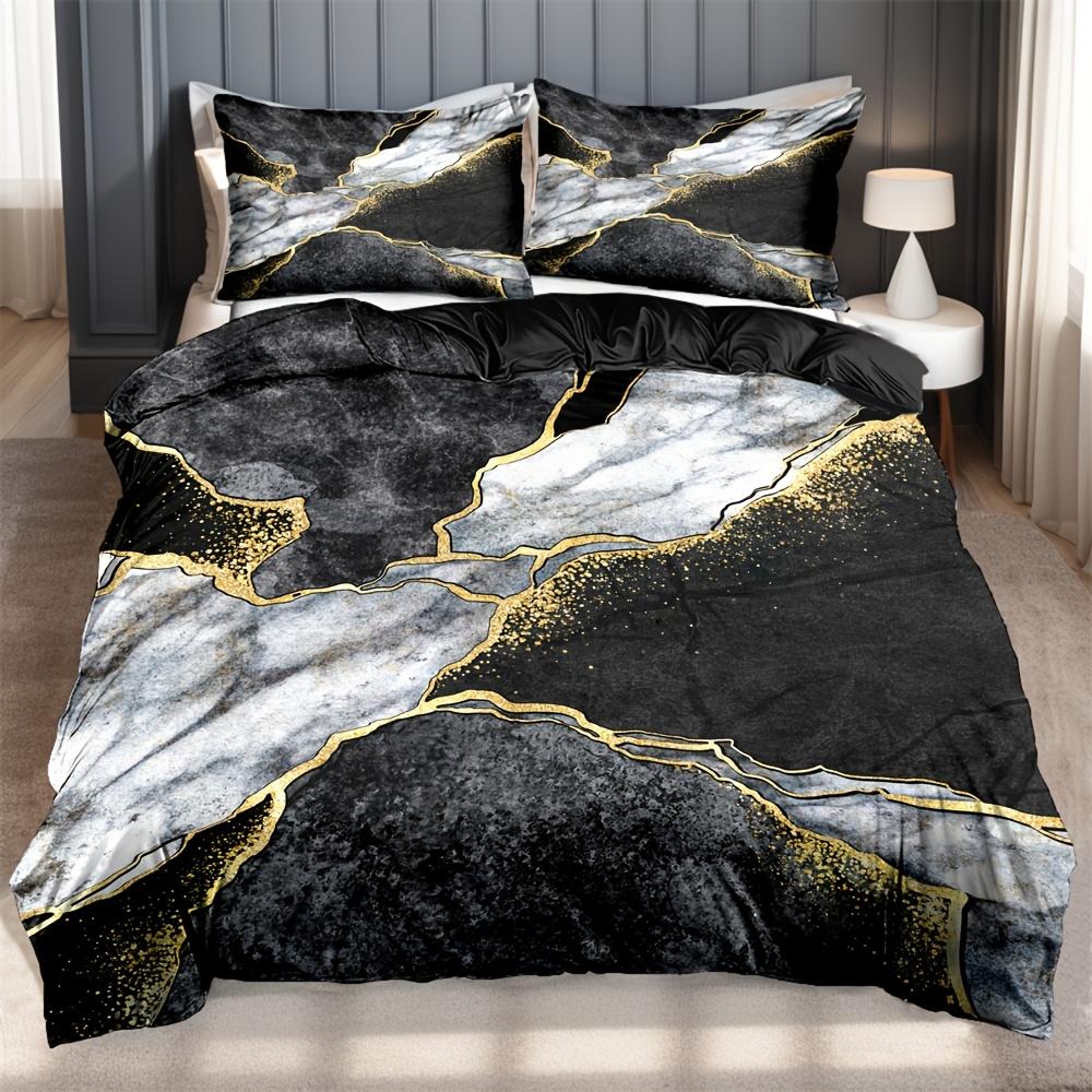 

2/3Pcs Soft Black Golden Marble Printed Duvet Covers - Fashionable And Comfortable Bedding Suitable For Bedrooms And Dormitories Duvet Cover Set&AU Single(140x210cm)
