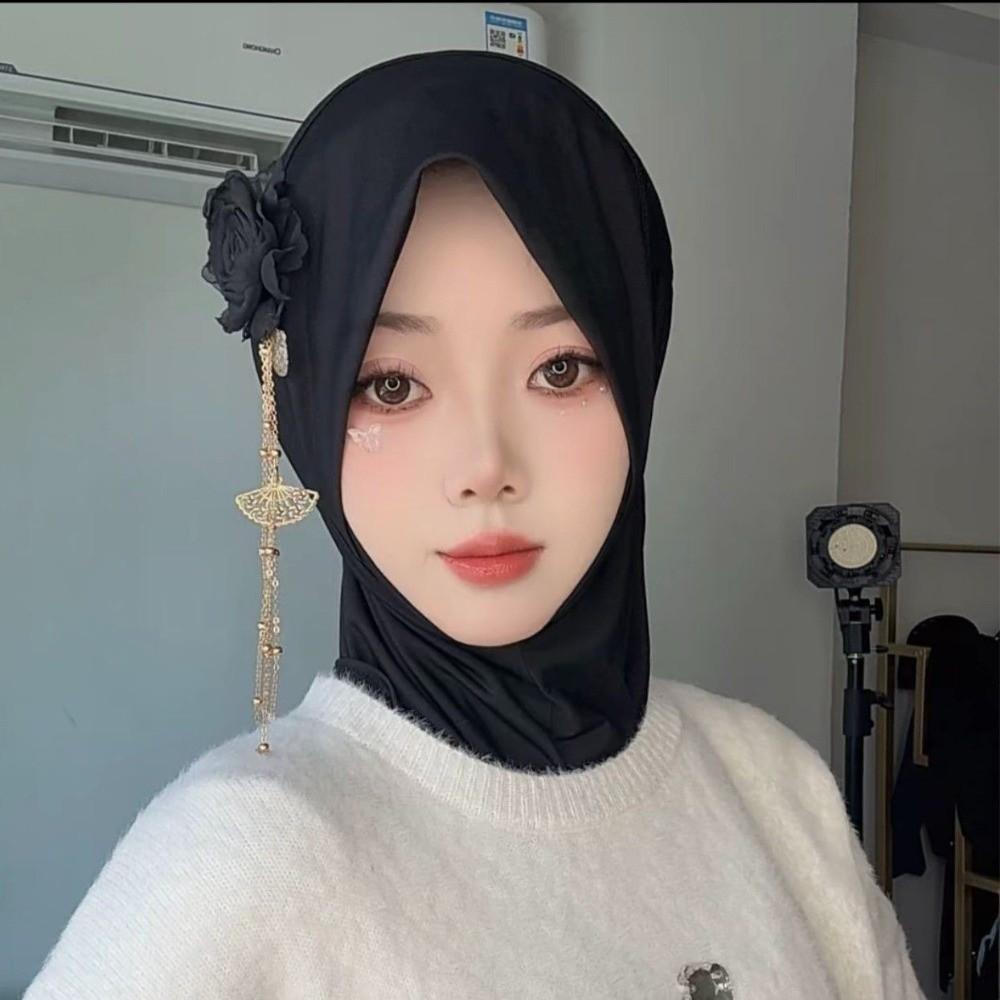 Flower Long Hijab Solid Color Headscarf Wraps Women Fashion Rhinestone Chiffon Head Wraps чёрный