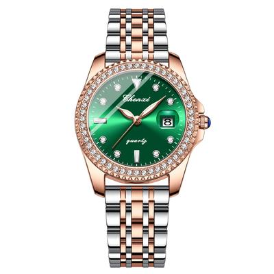Watch with Luminous 3ATM Water Stainless Rose Gift for Her Women's Antique-Style Analog, Calendar, Resistance, Rhinestones, Steel, Gold, Green,