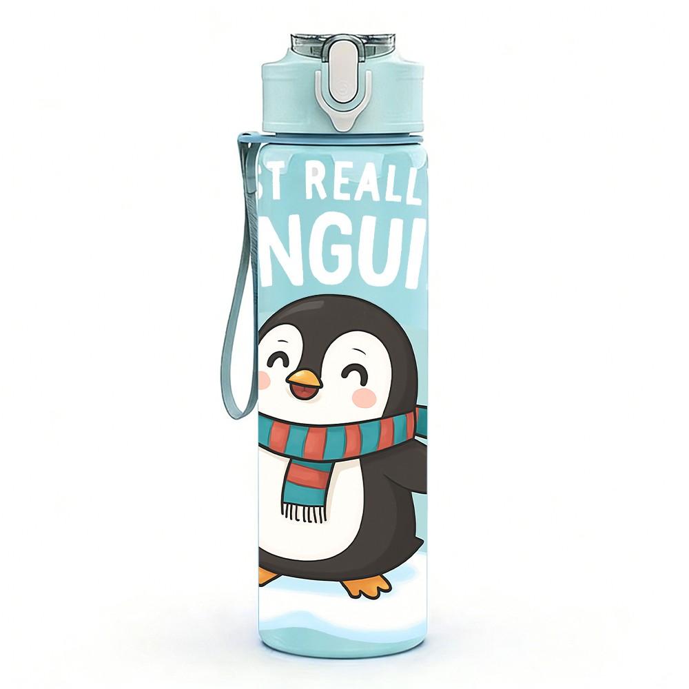 1PC Cute Penguin Winter Cartoon Print 750ml Color Plastic Sports Water Bottle Leakproof Flip Straw Lid Suitable for Sports Office Home Use