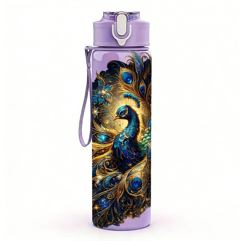 1PC Peacock Feather Vibrant Bird Art Print 750ml Color Plastic Sports Water Bottle Leakproof Flip Straw Lid Suitable for Sports Office Home Use