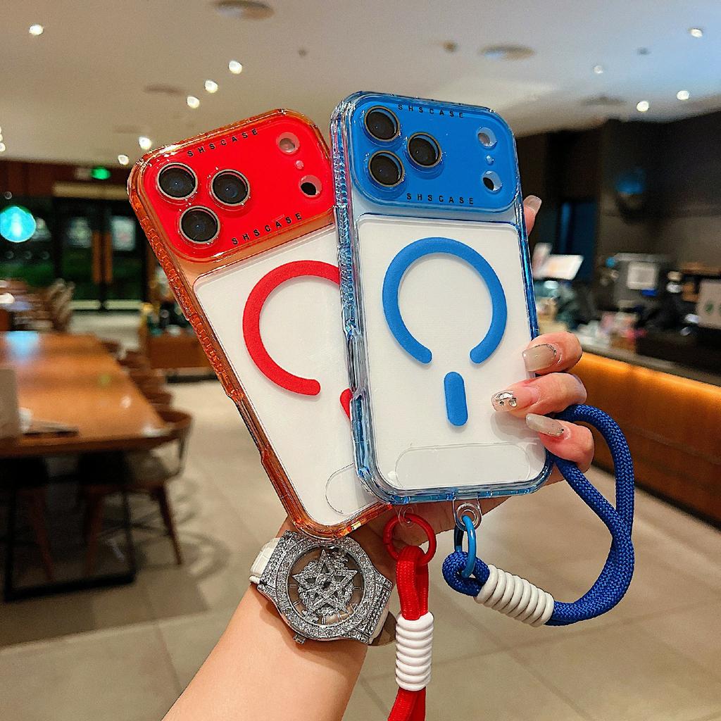 For iPhone 17 Pro Max Magnetic Case Clear Colorful Frame TPU + PC Phone Back Cover with Lens Film/Strap