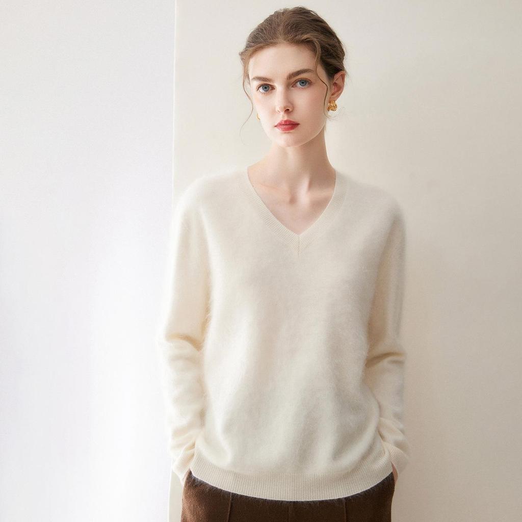 Kang Sai Ni Women's 100% Cashmere Long Brushed Sweater, Old Money Style Knitwear