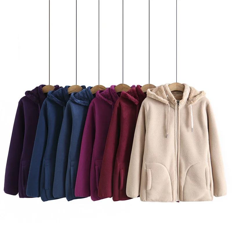 Autumn Winter Fleece Coat Women Thicken Warm Hoodies Sweaters Jackets Middle Age Zip-up Outerwear Casual