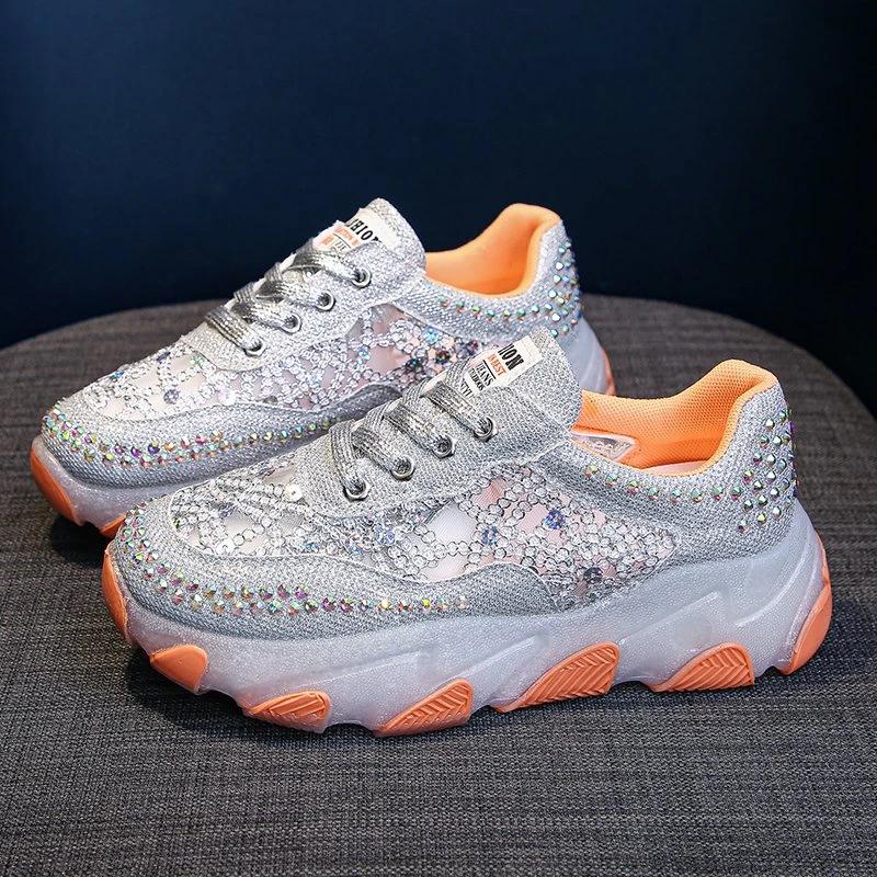 

Женские кроссовки со стразами и пайетками, на шнуровке, повседневные, папины кроссовки, весенние, дышащие, на толстой подошве, кроссовки, zapatilla deportiva mujer 40 оранжевый