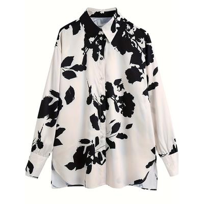 Loose-Fitting New Spring And Autumn Casual Printed Design Silk Satin Texture Shirt, Vintage Style Long-Sleeve Women Top