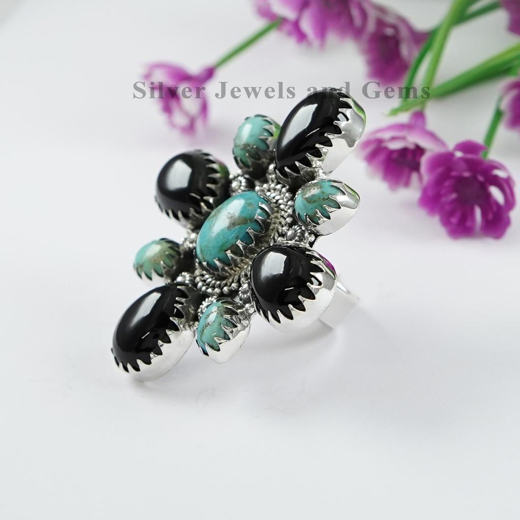 Handmade Turquoise Black Onyx Sterling Silver Cluster Ring