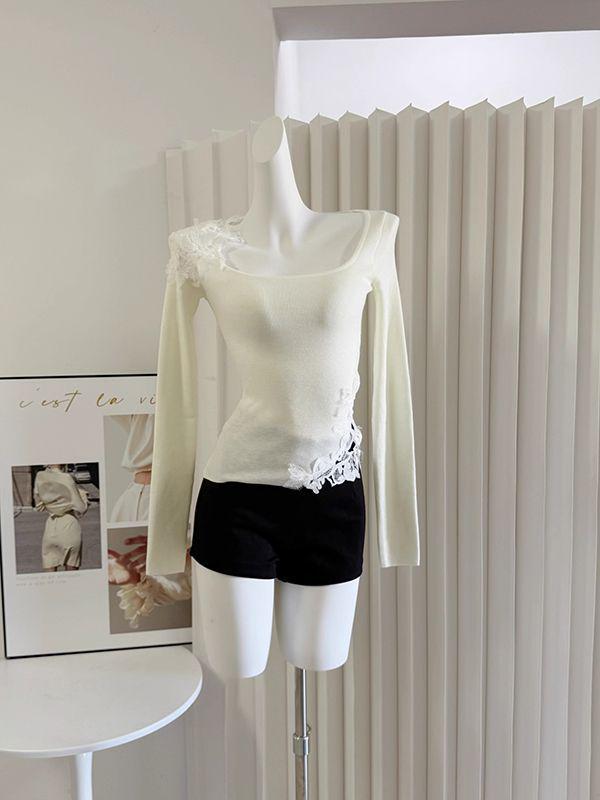 White Lace Trim Square Neck Slim Fit Top for Women - Autumn/Winter Korean Style