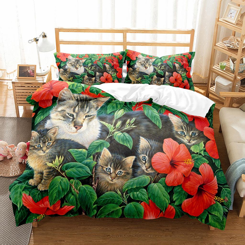 Kočičí povlečení na přikrývku Sada Vzor domácích koček Jednolůžková ložní souprava Roztomilé kotě Pro chlapce Polyester Záhadná Roztomilá kočka King Size Povlak na přikrývku